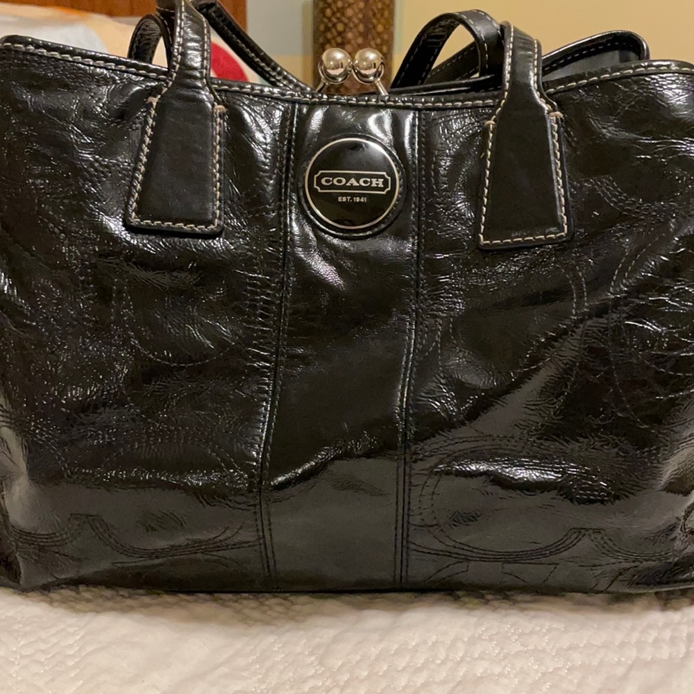 Black shiny leather Coach Tote/ Satchel